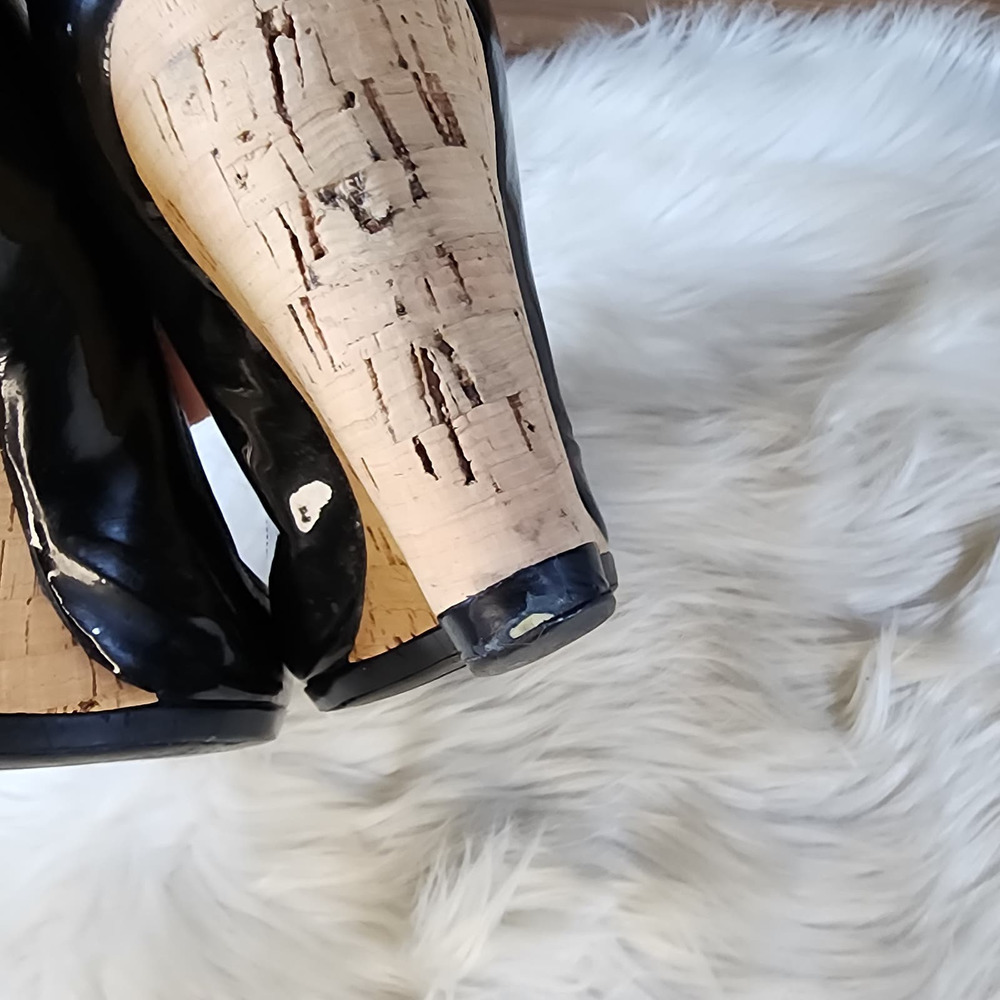 Prada Black Patent Leather Cork Wedge Heels Sz 40 - Picture 9 of 14